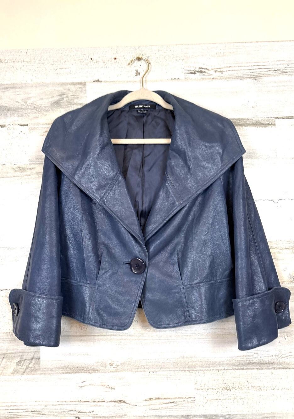 Ellen Tracy Womens 12 Blue Leather Bolero Flare Sleeve Jacket